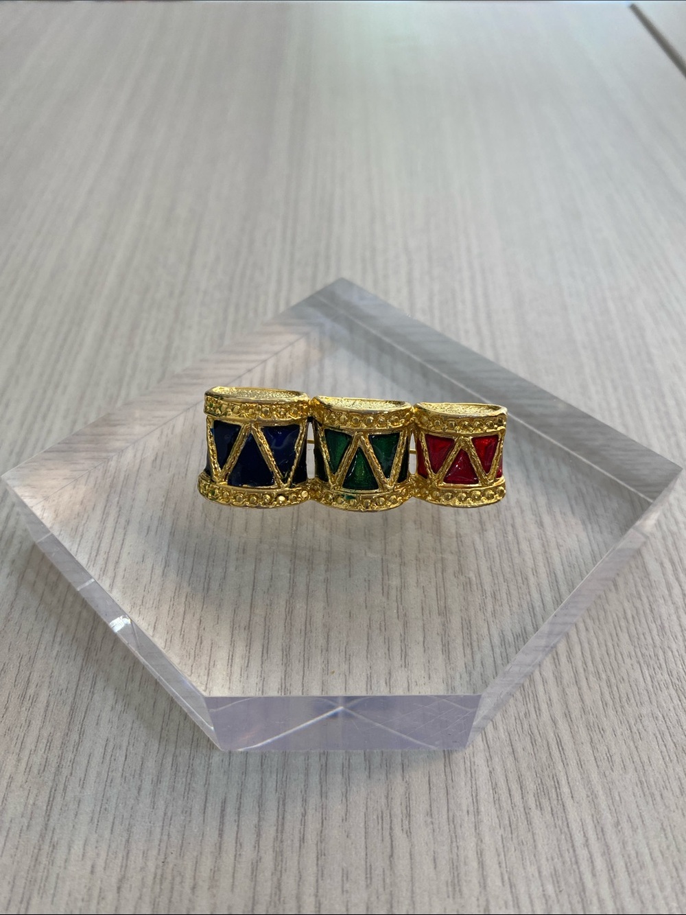 Gold-Tone Multicolor Drum Charm Pin - Blue, Green & Red